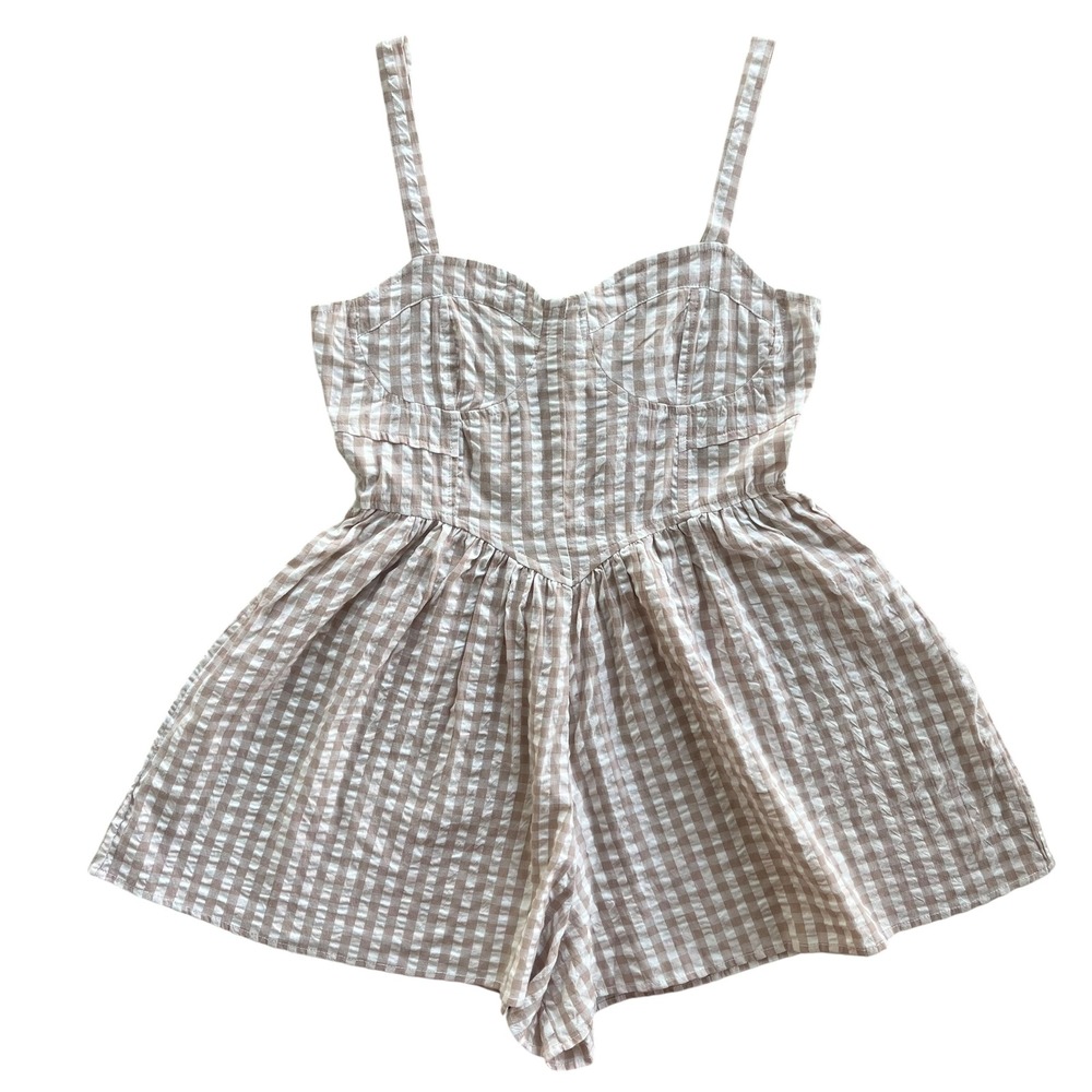 Beige Checked Cotton Romper with Straps